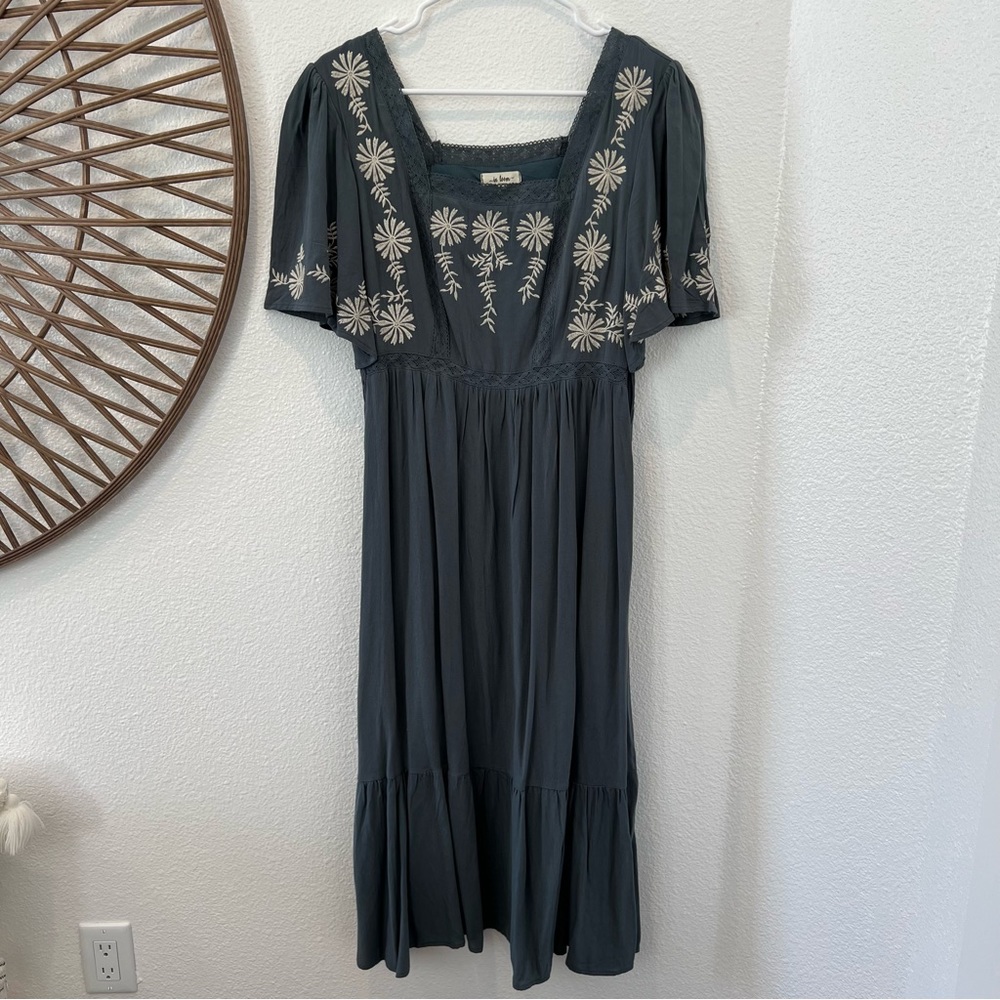 Square Neck Embroidered Midi Dress